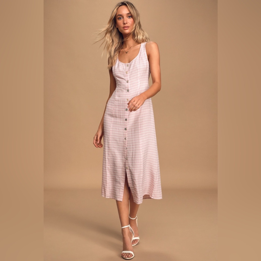 Lulus Al Fresco Attitude Pink Gingham Button Front Midi Dress Size XL NWT